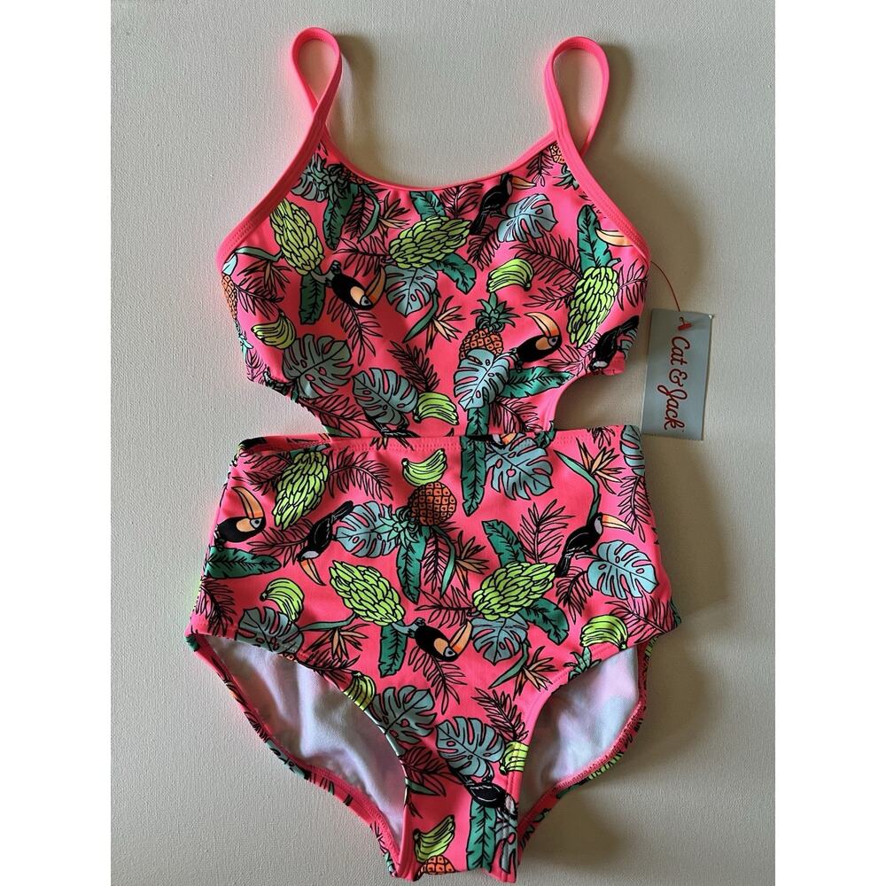 Cat Jack Girls Swimsuit Size Medium 7/8 One Piece Pink Tropical NWT